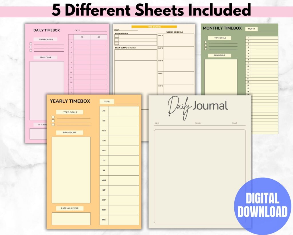 timebox planner printsold 5 pack bundle printable bundle image 1